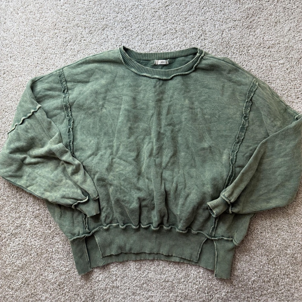 J.HER Sweater Womens Medium Green Crew Neck Dolman Ruffle Pullover Knit Relaxed
